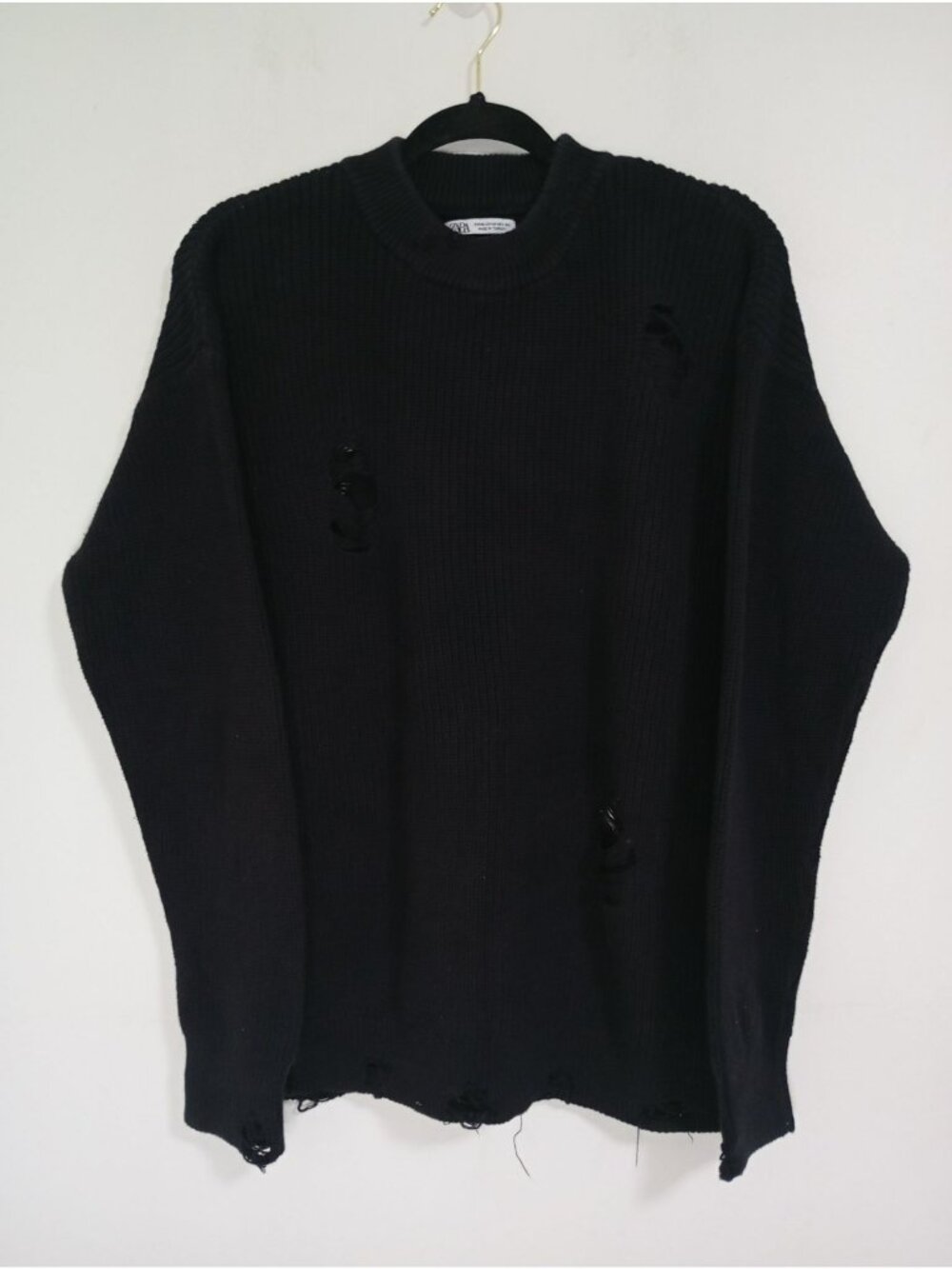 Zara Distressed Black Ribbed Knit Sweater Mens Medium 100% Cotton